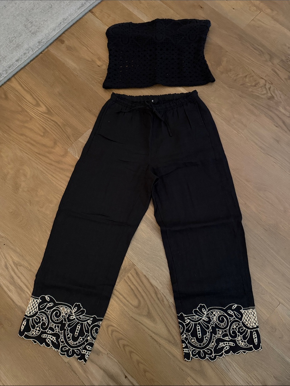 Black Wide-Leg Embroidered Hem Pants